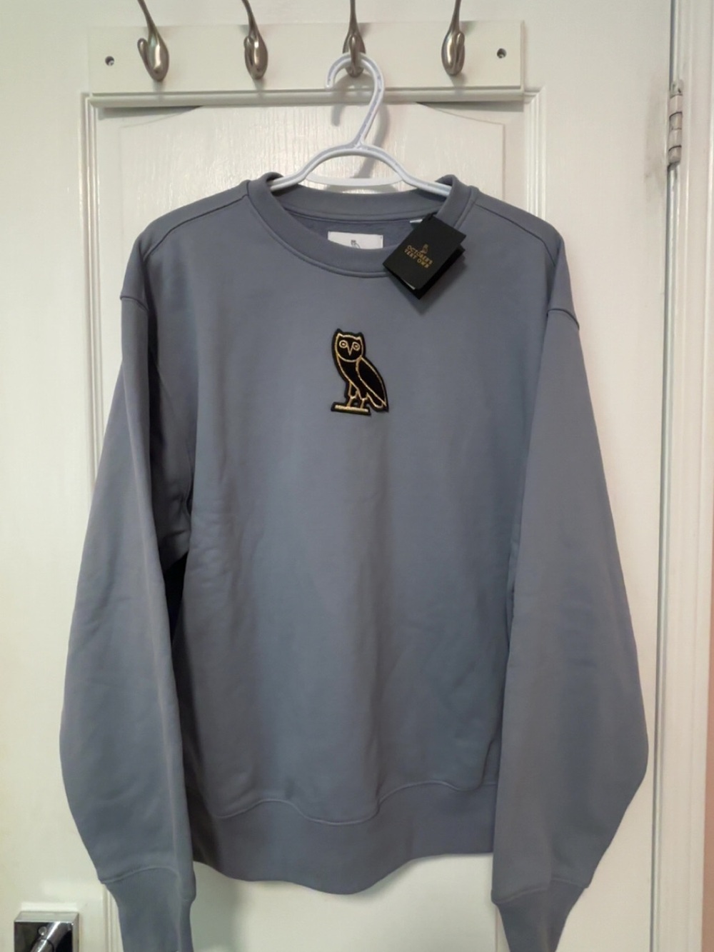 OVO Men's greyish blue Crewneck Sweatshirt with Gold Owl Patch